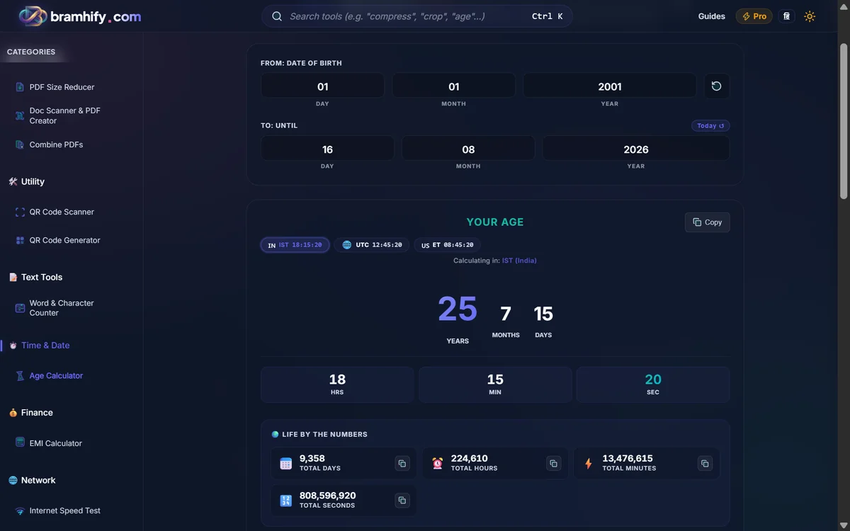 Bramhify age-calculator tool in action