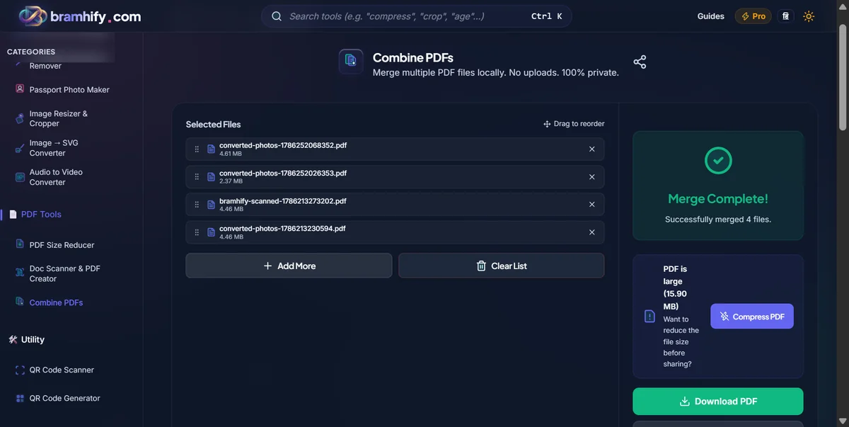 Bramhify pdf-merger tool in action