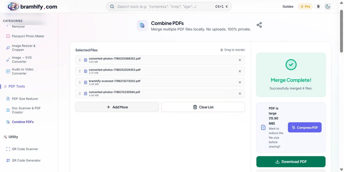 Bramhify pdf-merger tool in action