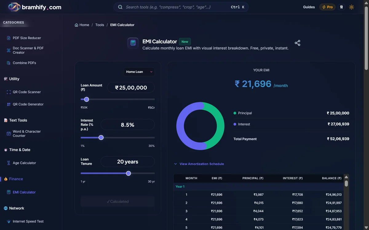 Bramhify emi-calculator tool in action