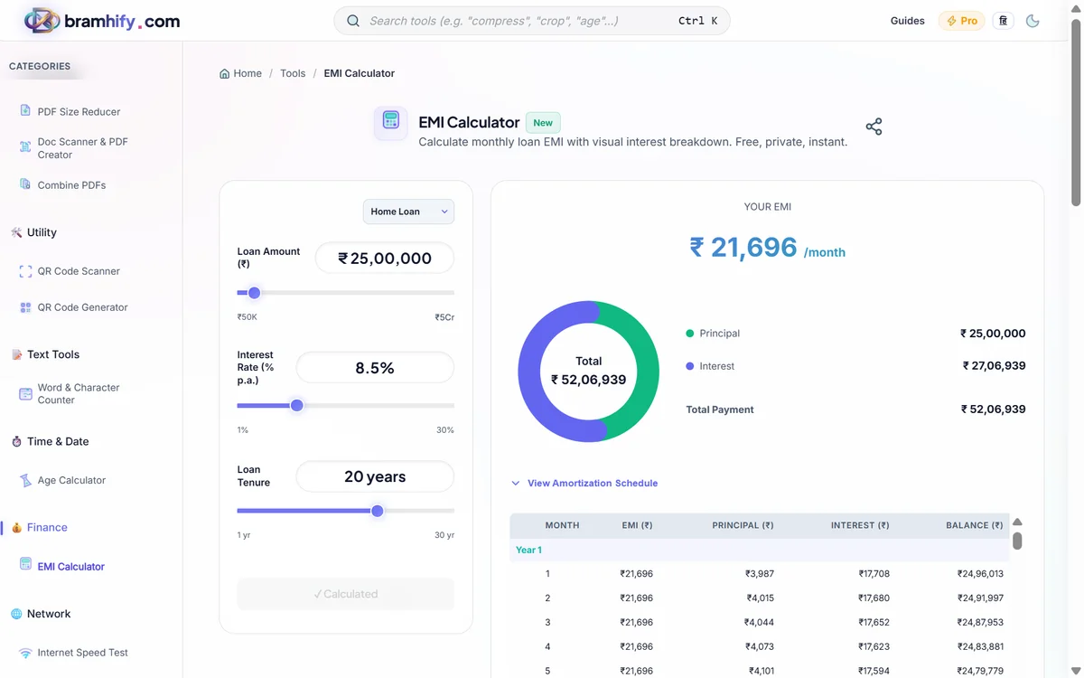 Bramhify emi-calculator tool in action