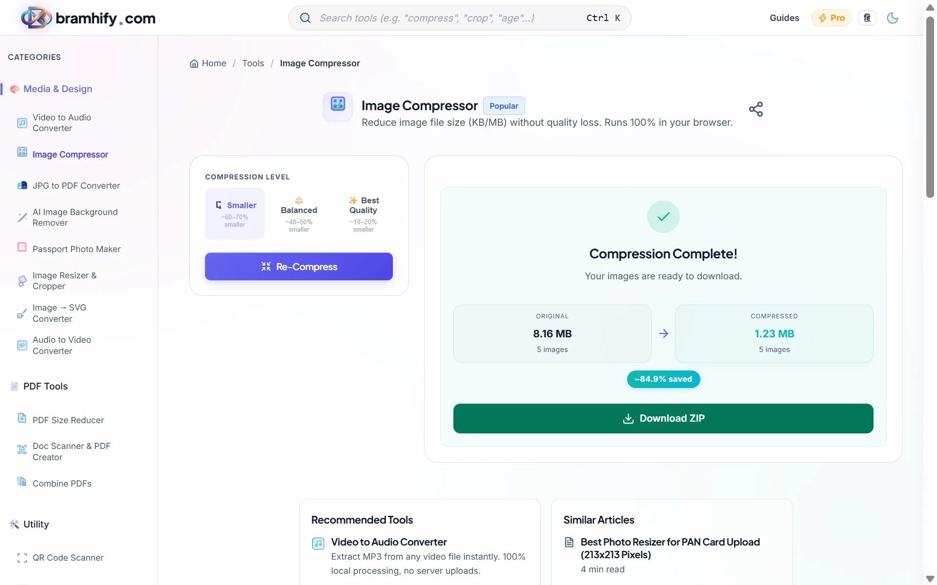 Bramhify Image Compressor success showing Aadhaar card 84.9% smaller, ready to download as ZIP