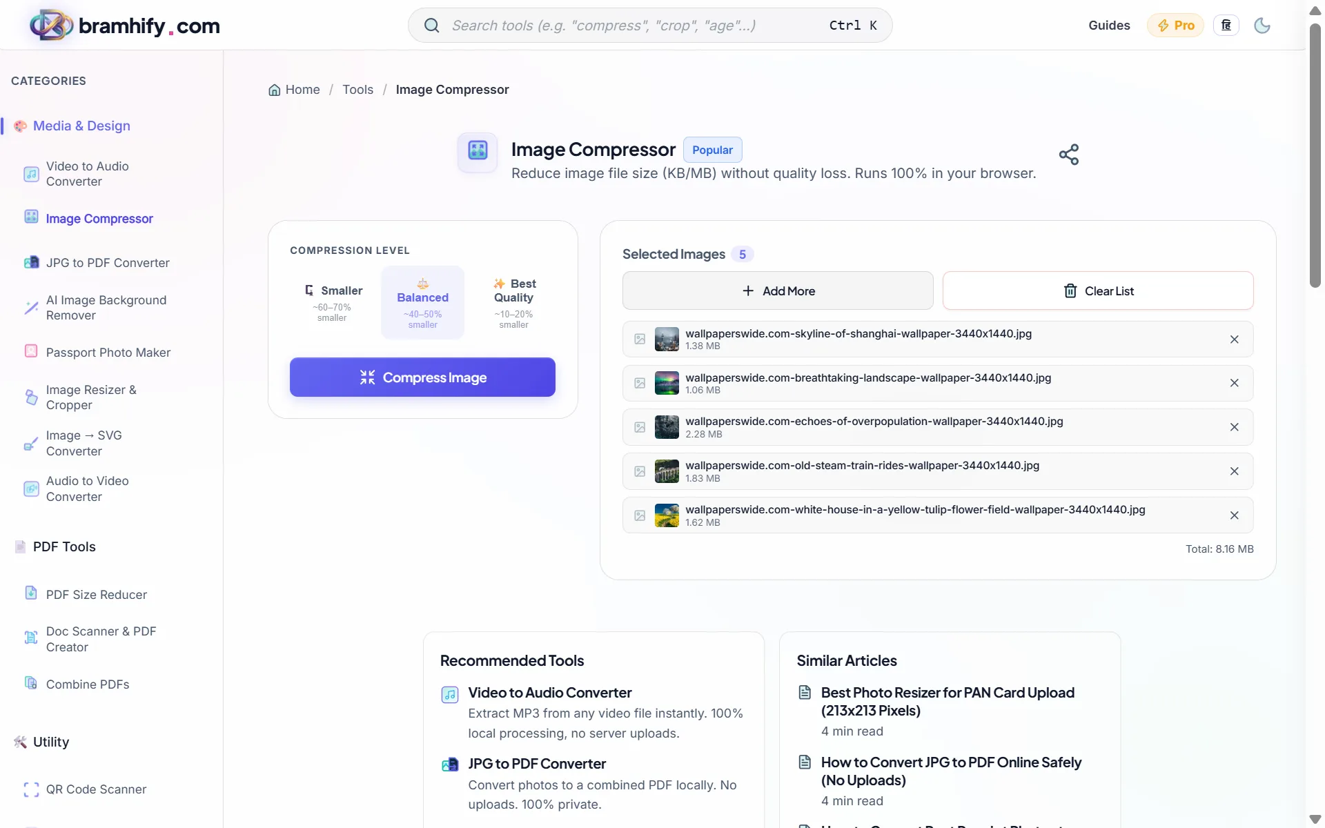 Bramhify Image Compressor showing 5 Aadhaar card images selected ready for compression