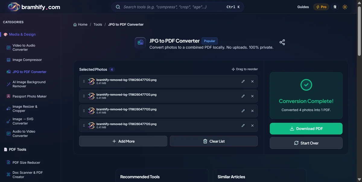 Bramhify jpg-to-pdf tool in action