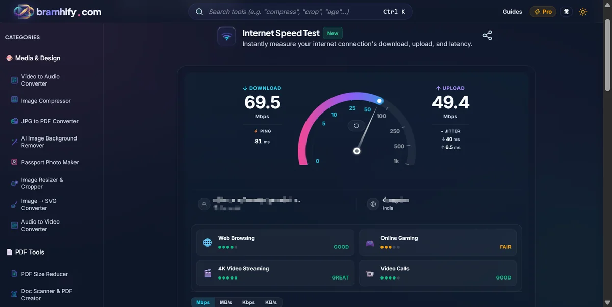 Bramhify network-speed-checker tool in action