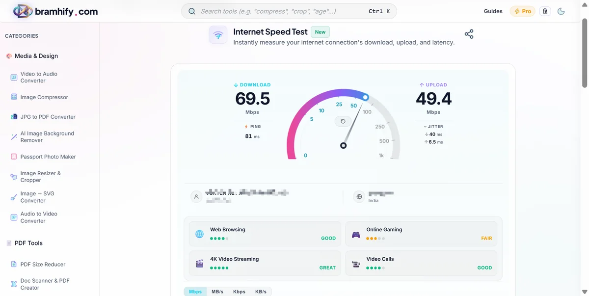 Bramhify network-speed-checker tool in action