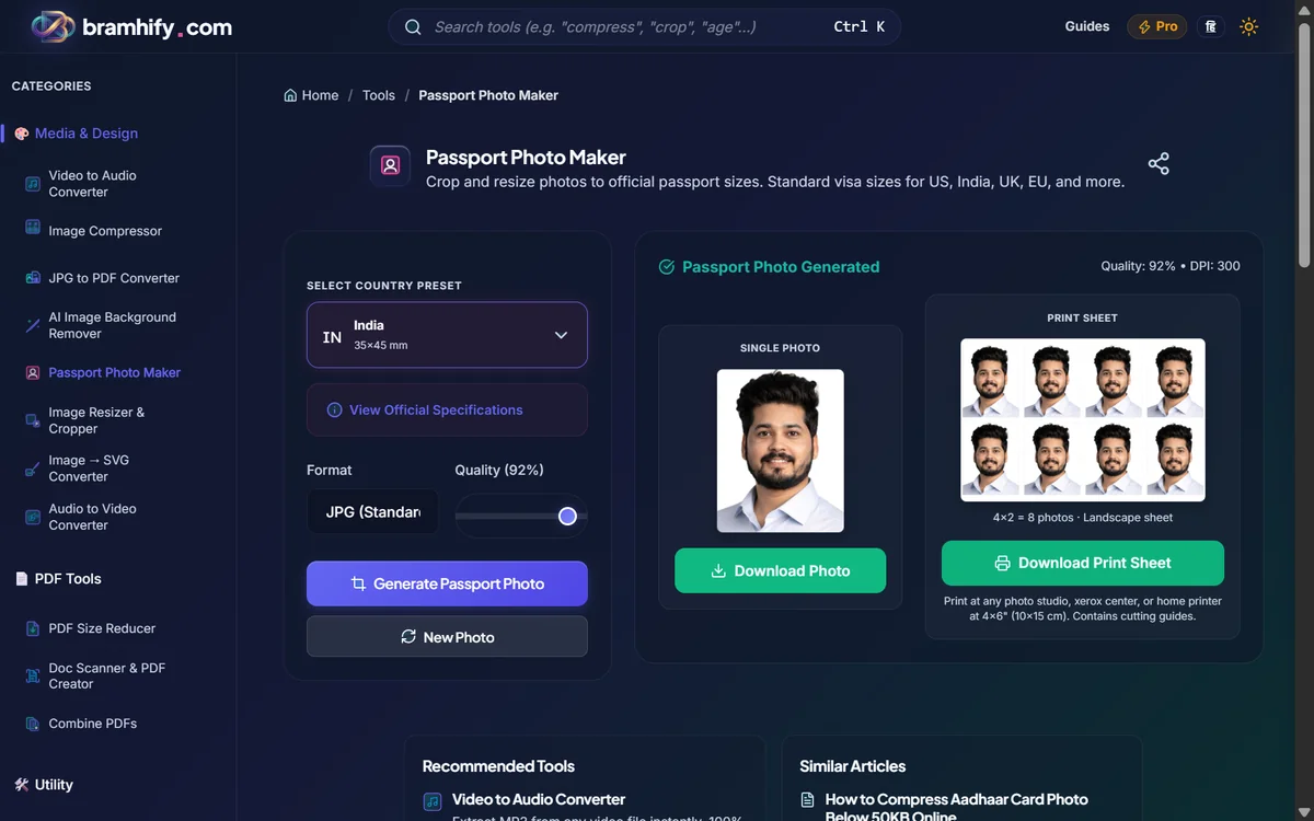Bramhify Passport Photo Maker showing the official Indian passport dimensions and expanded specifications section