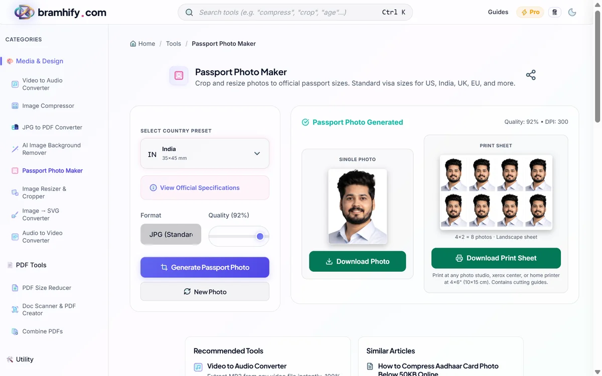 Bramhify Passport Photo Maker showing the official Indian passport dimensions and expanded specifications section