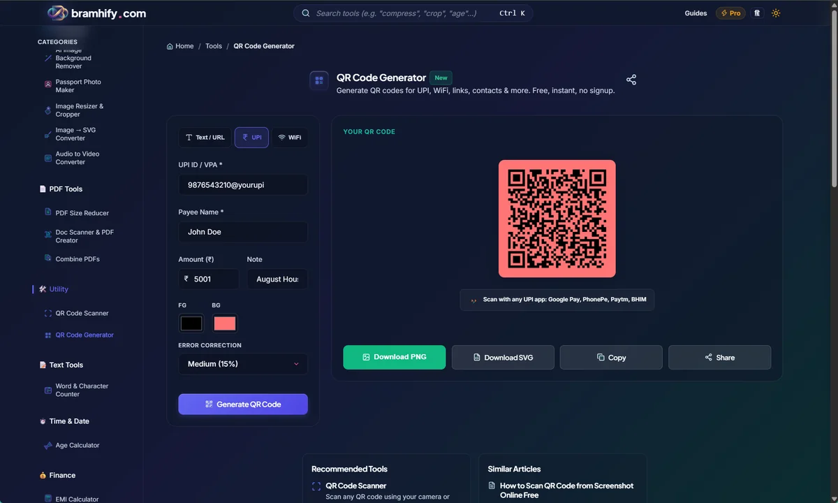 Bramhify QR Code Generator showing UPI mode