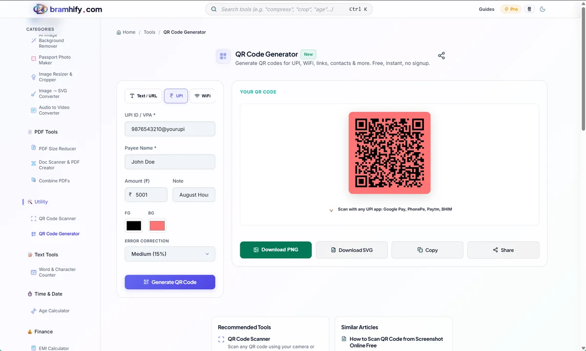Bramhify QR Code Generator showing UPI mode