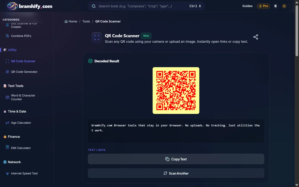 Bramhify qr-scanner tool in action