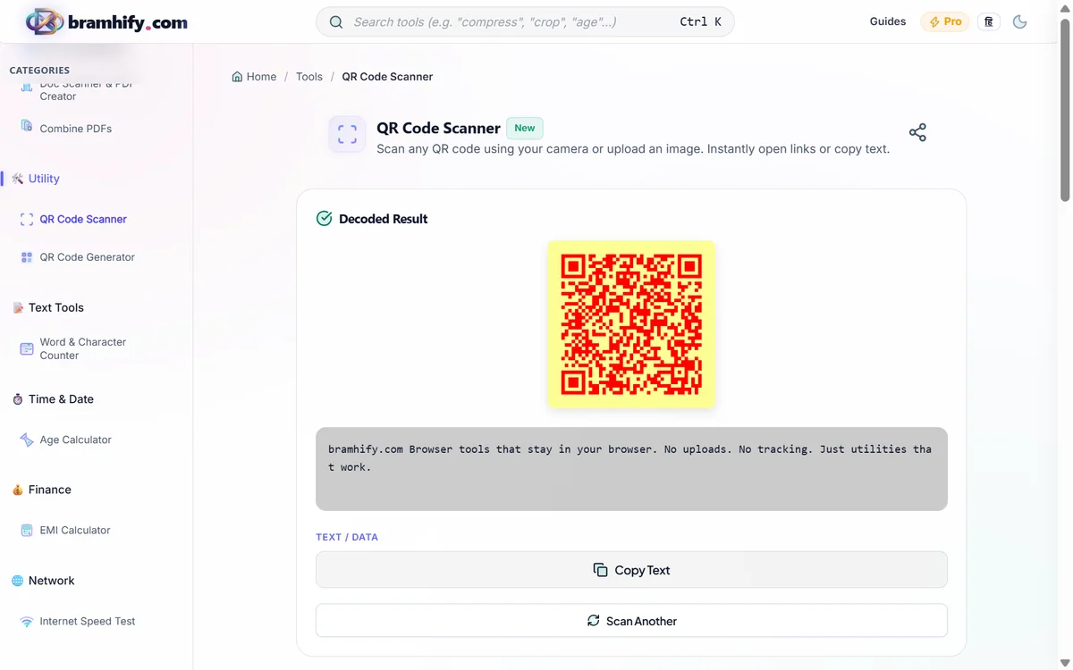 Bramhify qr-scanner tool in action