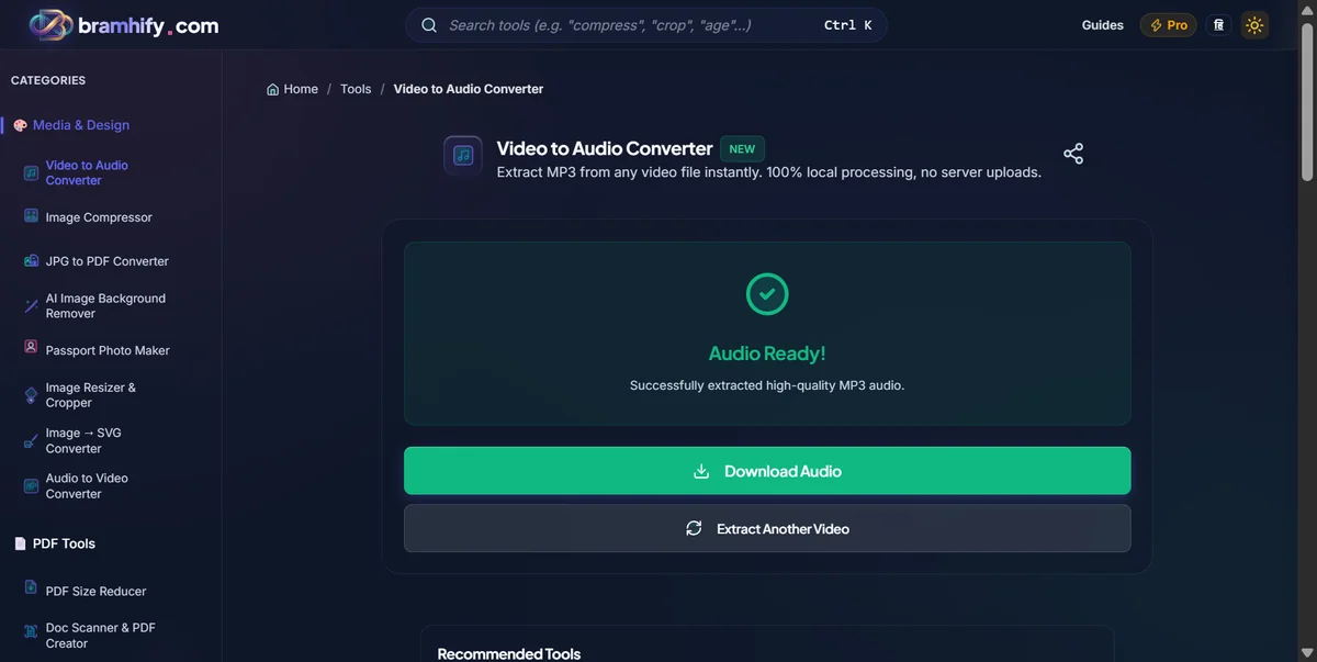 Bramhify video to audio success screen