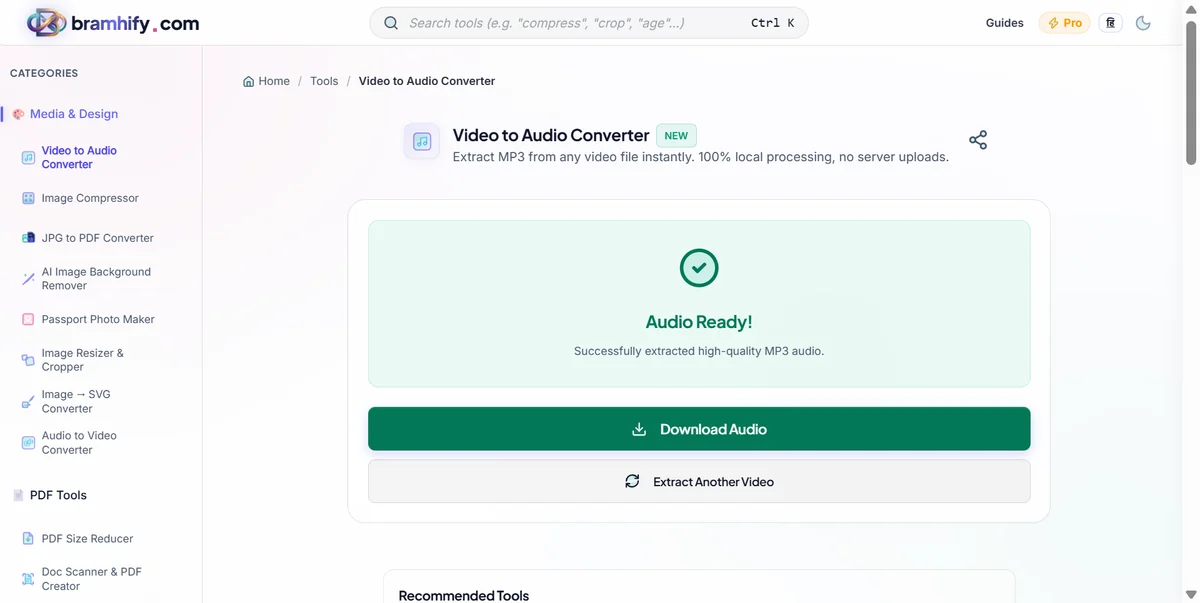 Bramhify video to audio success screen