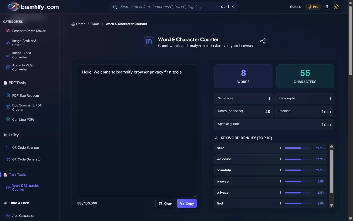 Bramhify word-counter tool in action