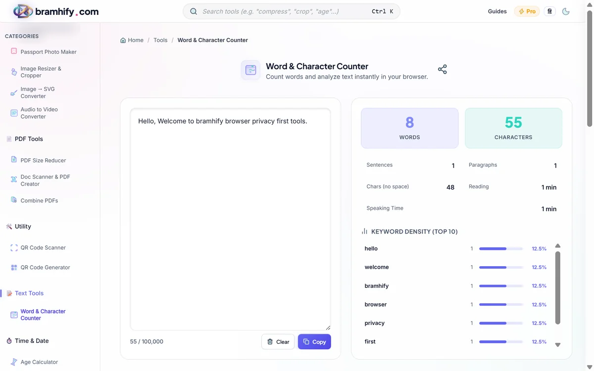 Bramhify word-counter tool in action